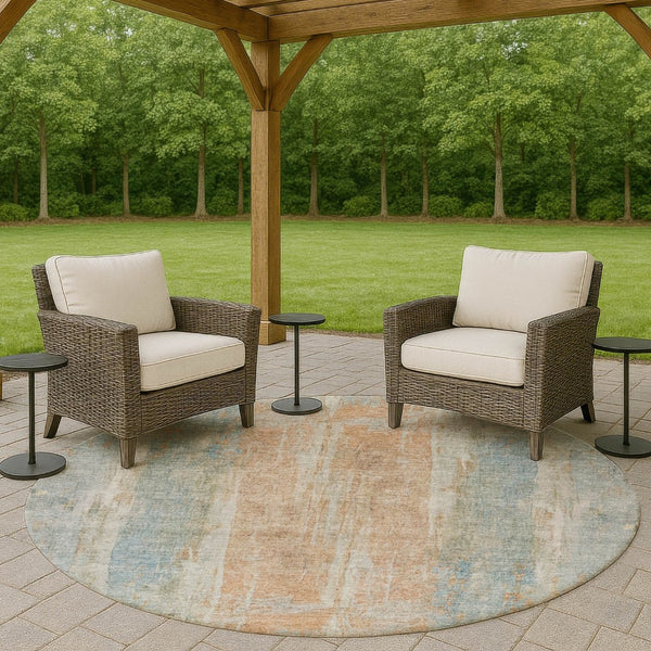 HomeRoots 8' Sky Blue & Copper Round Abstract Rug – Stylish, Washable, Indoor/Outdoor Decor for Every Space 658689
