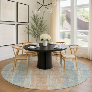 HomeRoots 8' Sky Blue & Copper Round Abstract Rug – Stylish, Washable, Indoor/Outdoor Decor for Every Space 658689