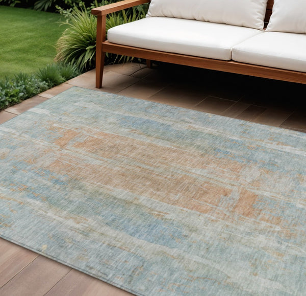HomeRoots 8' X 10' Sky Blue & Copper Abstract Rug – Stylish, Washable, Durable for Indoor & Outdoor Spaces 658690