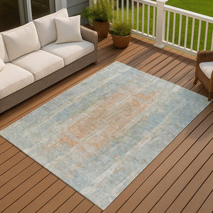 HomeRoots 8' X 10' Sky Blue & Copper Abstract Rug – Stylish, Washable, Durable for Indoor & Outdoor Spaces 658690