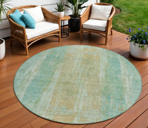 HomeRoots 8' Teal Blue & Copper Abstract Round Rug - Stylish, Washable, Durable for Indoor & Outdoor Spaces 658695