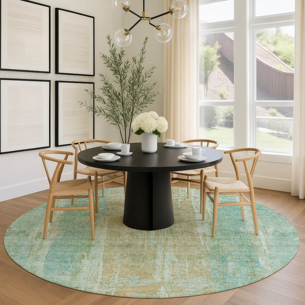 HomeRoots 8' Teal Blue & Copper Abstract Round Rug - Stylish, Washable, Durable for Indoor & Outdoor Spaces 658695