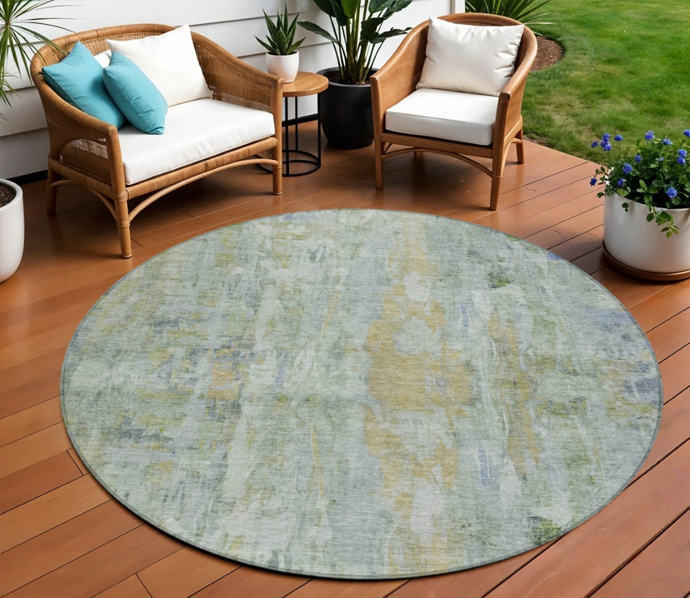 HomeRoots 8' Artichoke Green & Blue Round Abstract Area Rug – Washable, Durable, Ideal for Indoor/Outdoor Spaces 658701