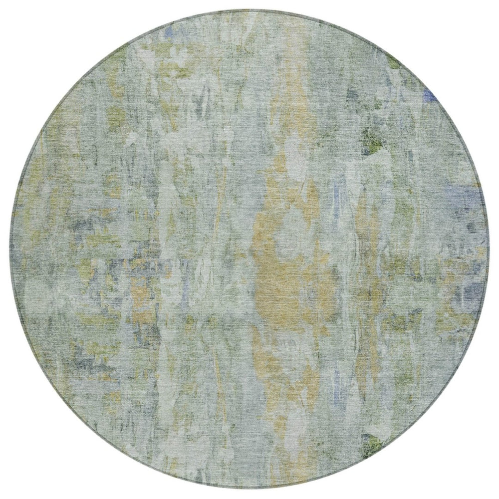 HomeRoots 8' Artichoke Green & Blue Round Abstract Area Rug – Washable, Durable, Ideal for Indoor/Outdoor Spaces 658701