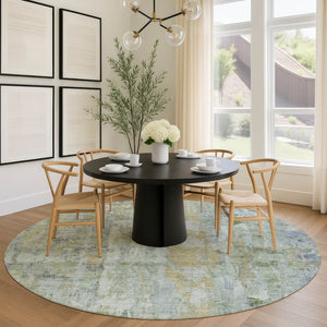 HomeRoots 8' Artichoke Green & Blue Round Abstract Area Rug – Washable, Durable, Ideal for Indoor/Outdoor Spaces 658701