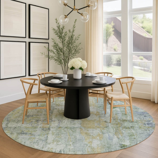 HomeRoots 8' Artichoke Green & Blue Round Abstract Area Rug – Washable, Durable, Ideal for Indoor/Outdoor Spaces 658701