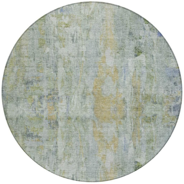 HomeRoots 8' Artichoke Green & Blue Round Abstract Area Rug – Washable, Durable, Ideal for Indoor/Outdoor Spaces 658701