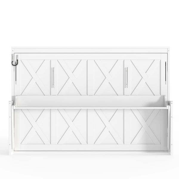 English Elm Full Murphy Bed with Fold Down Desk Led Lighting and Usb Port for Studio Spaces White W1580S00454