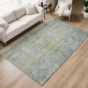 HomeRoots 8' X 10' Artichoke Green & Blue Abstract Area Rug - Stylish, Washable, Indoor/Outdoor, Durable Design 658702