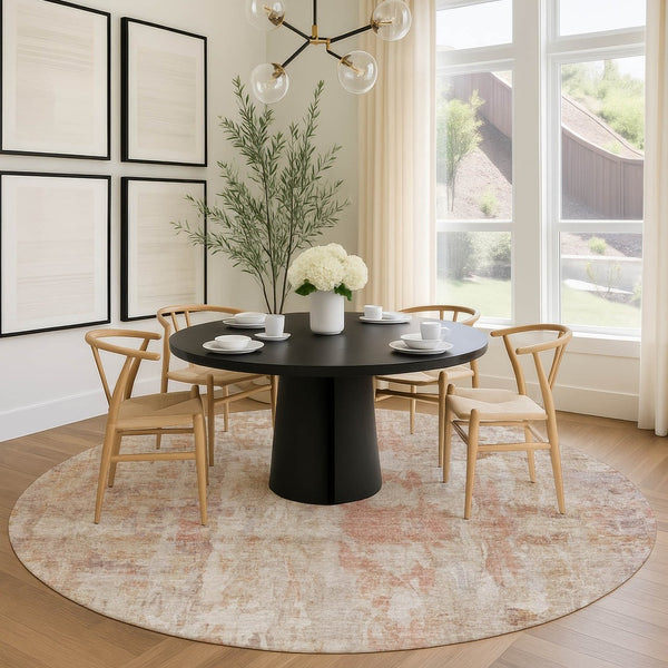 HomeRoots 8' Washable Round Area Rug in Beige & Salmon - Durable, Stylish, Indoor/Outdoor, Easy-Clean Design 658713