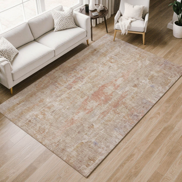 HomeRoots 9' X 12' Abstract Beige and Salmon Washable Area Rug – Durable, Stylish, and Perfect for Indoors or Outdoors! 658715