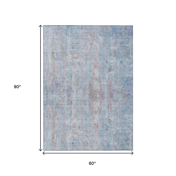 HomeRoots 5' Blue and Blush Abstract Area Rug - Stylish Washable Indoor/Outdoor Design for High-Traffic Spaces 658718