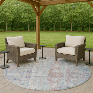 HomeRoots 8' Blue and Blush Round Abstract Area Rug – Stylish, Washable, Indoor/Outdoor, Stain-Resistant Design! 658719