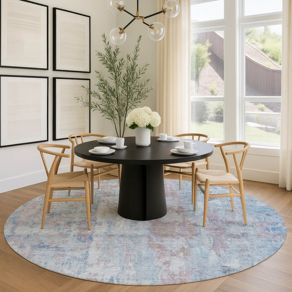 HomeRoots 8' Blue and Blush Round Abstract Area Rug – Stylish, Washable, Indoor/Outdoor, Stain-Resistant Design! 658719