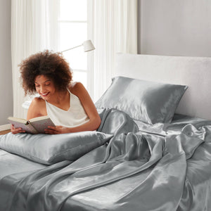 English Elm 4 Luxury Satin Twin Sheet Set - 100% Polyester, Soft Smooth 90g Finish, Deep Pocket Fit & Breathable Comfort Grey 11.81 L x 9.84 W x 3.15 H B035P319693