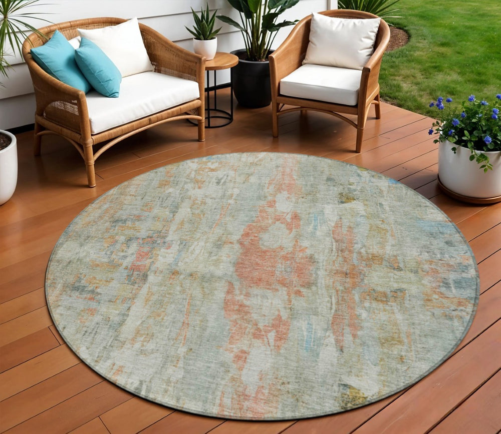 HomeRoots 8' Sage and Copper Round Abstract Area Rug - Durable, Washable Design for Indoor & Outdoor Spaces 658737