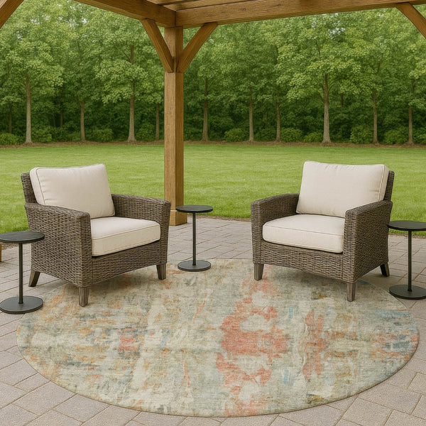 HomeRoots 8' Sage and Copper Round Abstract Area Rug - Durable, Washable Design for Indoor & Outdoor Spaces 658737