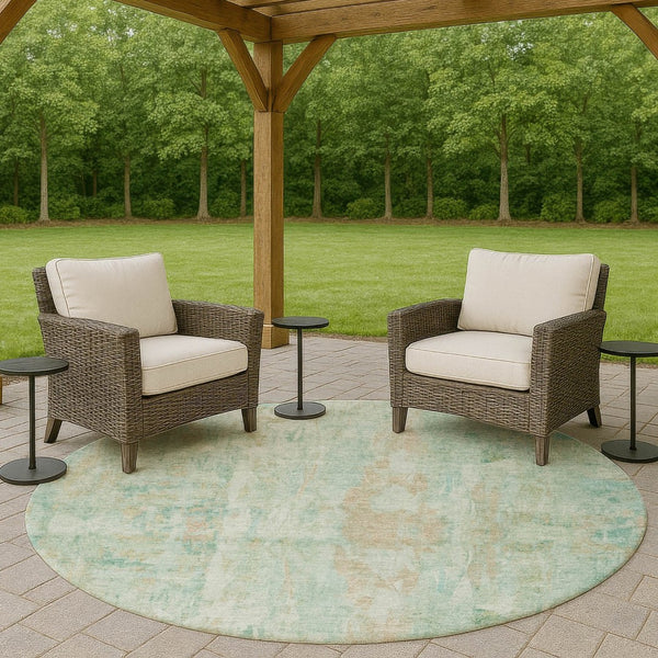 HomeRoots 8' Vibrant Turquoise and Copper Round Abstract Area Rug - Washable, Durable, Indoor & Outdoor Use 658749
