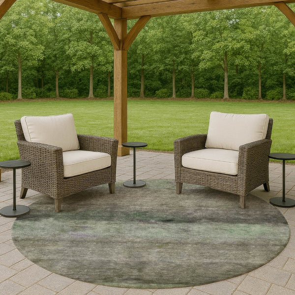 HomeRoots 8' Modern Artichoke Green & Gray Round Abstract Washable Area Rug for Indoor/Outdoor Use 658755