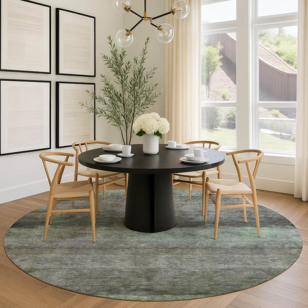 HomeRoots 8' Modern Artichoke Green & Gray Round Abstract Washable Area Rug for Indoor/Outdoor Use 658755