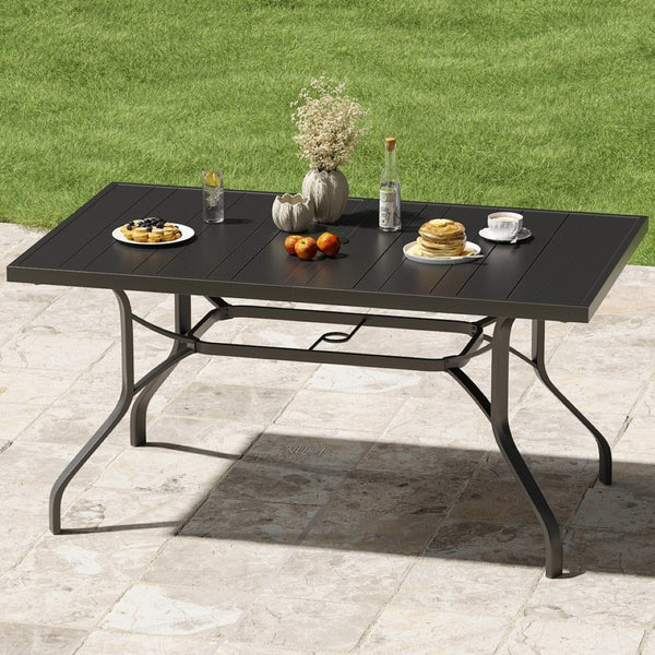 English Elm Outdoor Powder-coated Metal Dining Table with Slatted Top and Umbrella Hole for Patio T3623P436830