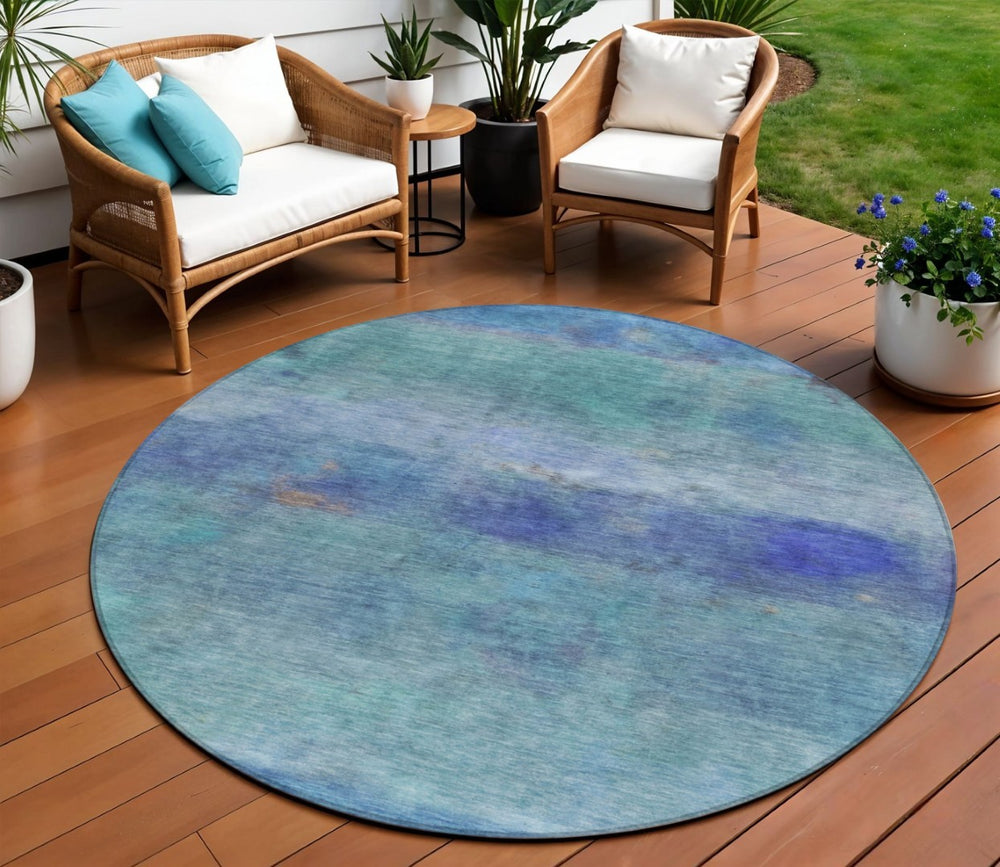 HomeRoots 8' Blue and Ivory Round Abstract Area Rug – Stylish, Washable, Durable for Indoor & Outdoor Use 658761