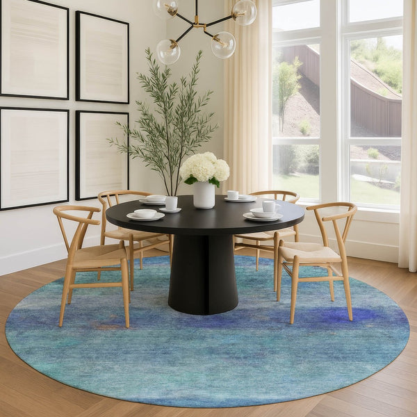 HomeRoots 8' Blue and Ivory Round Abstract Area Rug – Stylish, Washable, Durable for Indoor & Outdoor Use 658761
