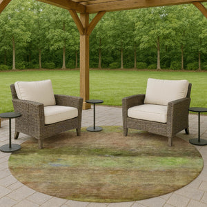 HomeRoots 8' Round Abstract Olive Green and Brown Area Rug – Durable, Washable, Indoor/Outdoor, Family-Friendly! 658773