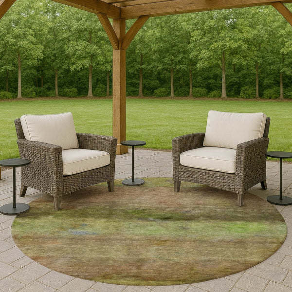 HomeRoots 8' Round Abstract Olive Green and Brown Area Rug – Durable, Washable, Indoor/Outdoor, Family-Friendly! 658773