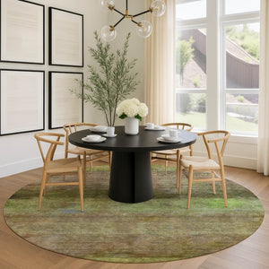 HomeRoots 8' Round Abstract Olive Green and Brown Area Rug – Durable, Washable, Indoor/Outdoor, Family-Friendly! 658773