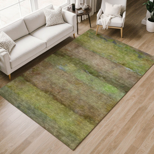 HomeRoots 9' X 12' Olive Green and Brown Abstract Area Rug - Washable, Durable, Stylish for Indoor & Outdoor Use 658775