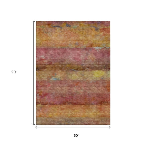 HomeRoots 5' Vibrant Orange and Yellow Abstract Washable Area Rug - Perfect for Indoor & Outdoor Spaces! 658778