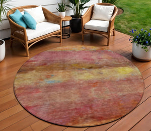 HomeRoots 8' Vibrant Round Abstract Area Rug in Orange, Blush & Yellow - Washable for Indoor & Outdoor Use! 658779