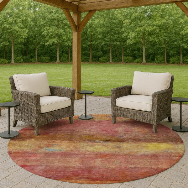 HomeRoots 8' Vibrant Round Abstract Area Rug in Orange, Blush & Yellow - Washable for Indoor & Outdoor Use! 658779