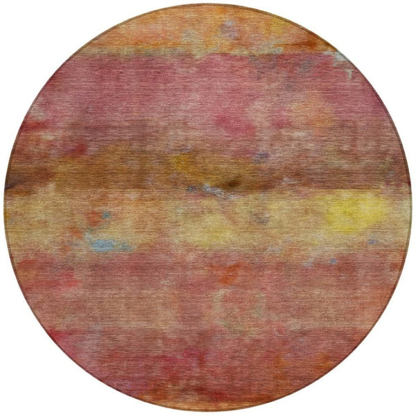 HomeRoots 8' Vibrant Round Abstract Area Rug in Orange, Blush & Yellow - Washable for Indoor & Outdoor Use! 658779
