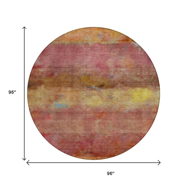 HomeRoots 8' Vibrant Round Abstract Area Rug in Orange, Blush & Yellow - Washable for Indoor & Outdoor Use! 658779