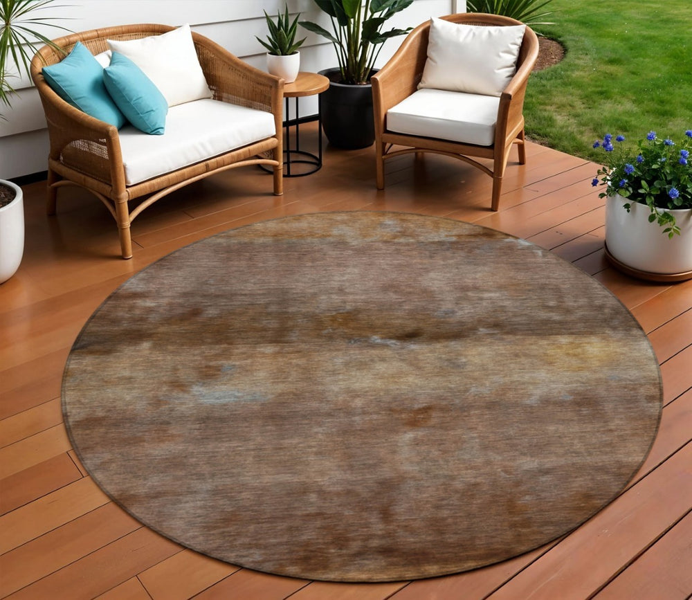 HomeRoots 8' Stylish Khaki & Brown Round Abstract Area Rug - Durable, Washable, Perfect for Indoor & Outdoor Use 658785