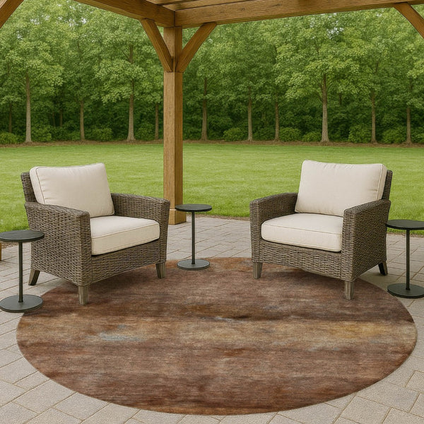 HomeRoots 8' Stylish Khaki & Brown Round Abstract Area Rug - Durable, Washable, Perfect for Indoor & Outdoor Use 658785