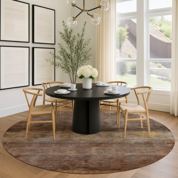 HomeRoots 8' Stylish Khaki & Brown Round Abstract Area Rug - Durable, Washable, Perfect for Indoor & Outdoor Use 658785