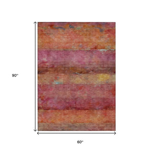 HomeRoots 5' X 8' Washable Abstract Area Rug in Pink, Orange & Gold - Durable, Stylish for Indoor & Outdoor Use 658790
