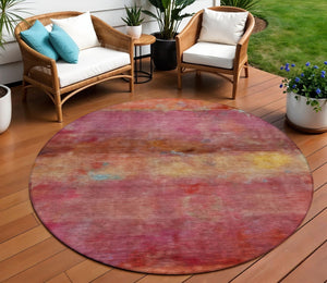 HomeRoots 8' Vibrant Pink, Orange & Gold Round Abstract Washable Area Rug for Indoor & Outdoor Spaces 658791