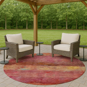 HomeRoots 8' Vibrant Pink, Orange & Gold Round Abstract Washable Area Rug for Indoor & Outdoor Spaces 658791