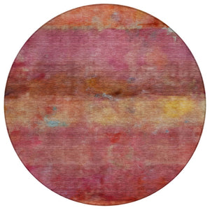 HomeRoots 8' Vibrant Pink, Orange & Gold Round Abstract Washable Area Rug for Indoor & Outdoor Spaces 658791