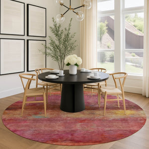 HomeRoots 8' Vibrant Pink, Orange & Gold Round Abstract Washable Area Rug for Indoor & Outdoor Spaces 658791