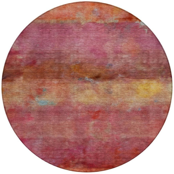 HomeRoots 8' Vibrant Pink, Orange & Gold Round Abstract Washable Area Rug for Indoor & Outdoor Spaces 658791