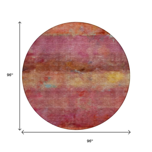HomeRoots 8' Vibrant Pink, Orange & Gold Round Abstract Washable Area Rug for Indoor & Outdoor Spaces 658791