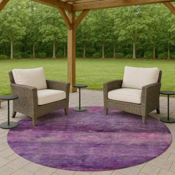 HomeRoots 8' Round Abstract Area Rug in Purple & Plum – Washable, Durable, Modern Design for Indoor/Outdoor Use 658797