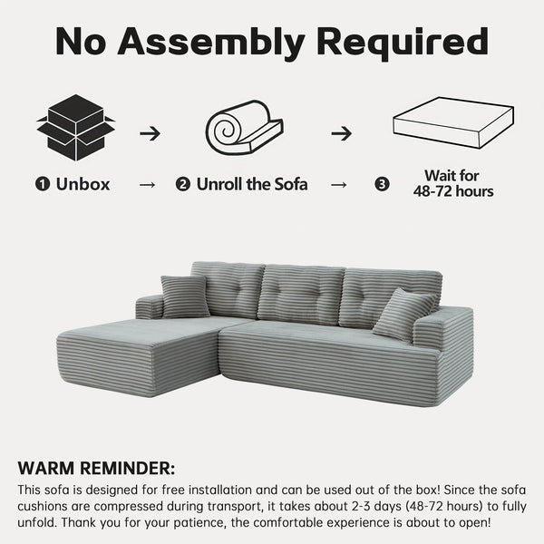 English Elm Right-Facing Chaise modular sectional sofa with plush corduroy, boneless design, converts to bed Light Gray W3565S00005
