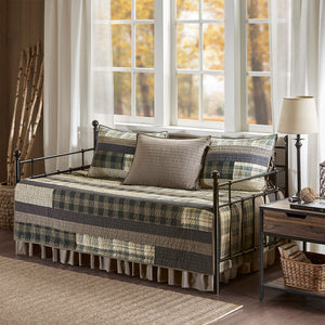 JLA Home Woolrich - 5 Quilted Daybed Cover Set Twin with Reversible Plaid & Solid Shams, Bedskirt, Tie Closures, Washable WR13-2122