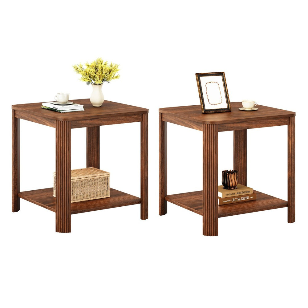 English Elm Rounded Square End Tables Set of 2 Boho Walnut with Wave Legs and Open Shelf W5563P449958